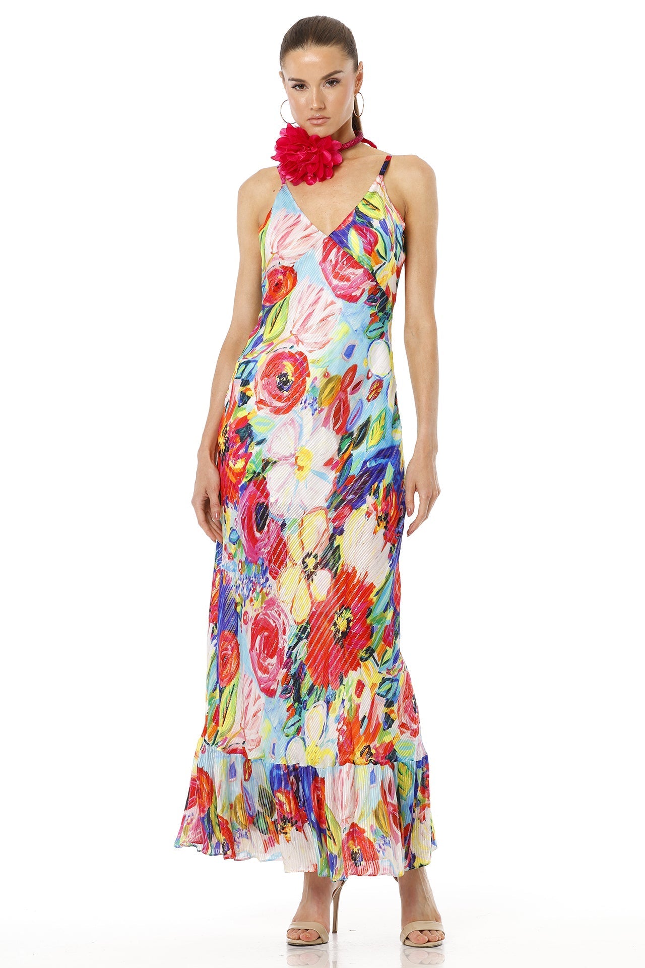 Bernadette Long Sleeveless Floral Print Multicolor Bias Gown