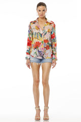 Above Blue Collar Neck Floral Multicolor Shirt For Women With Long Sleeves