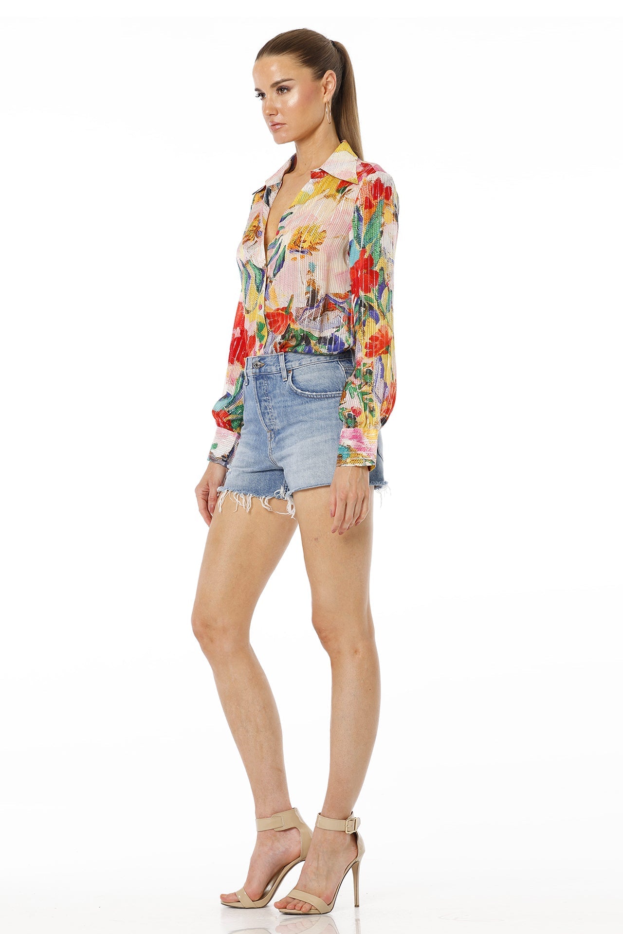 Above Blue Collar Neck Floral Multicolor Shirt For Women With Long Sleeves