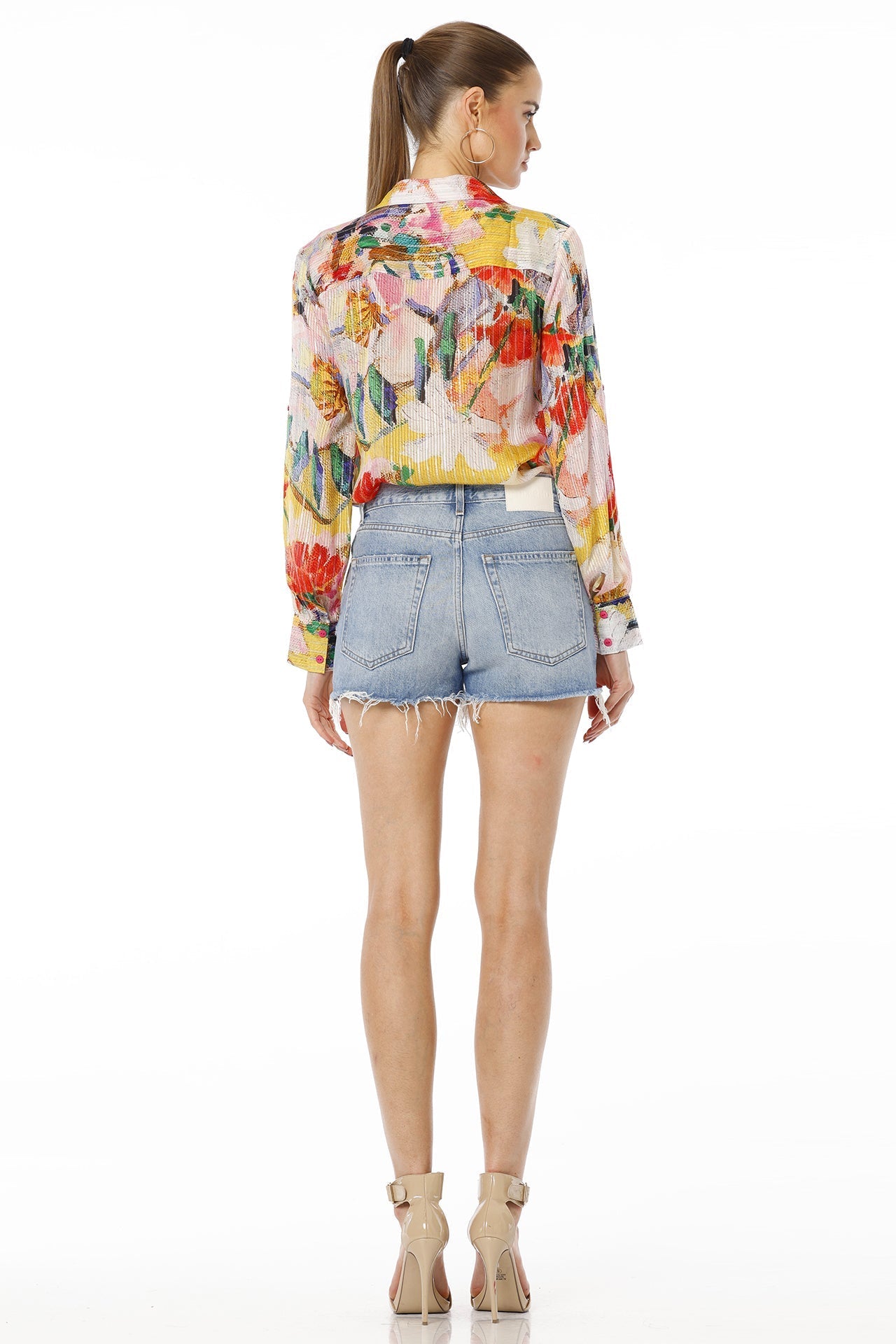 Above Blue Collar Neck Floral Multicolor Shirt For Women With Long Sleeves