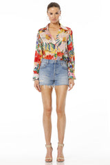 Above Blue Collar Neck Floral Multicolor Shirt For Women With Long Sleeves