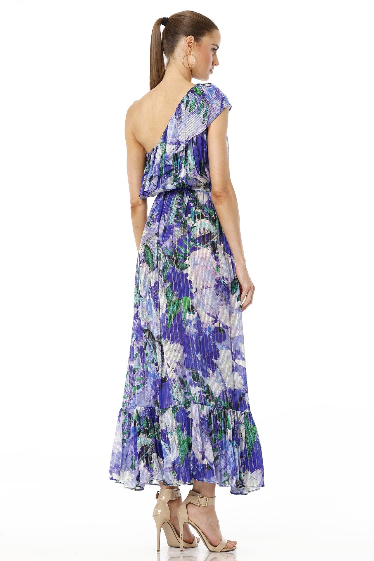Blue Magic One Shoulder Floral Maxi Dress with Ruffle Neckline