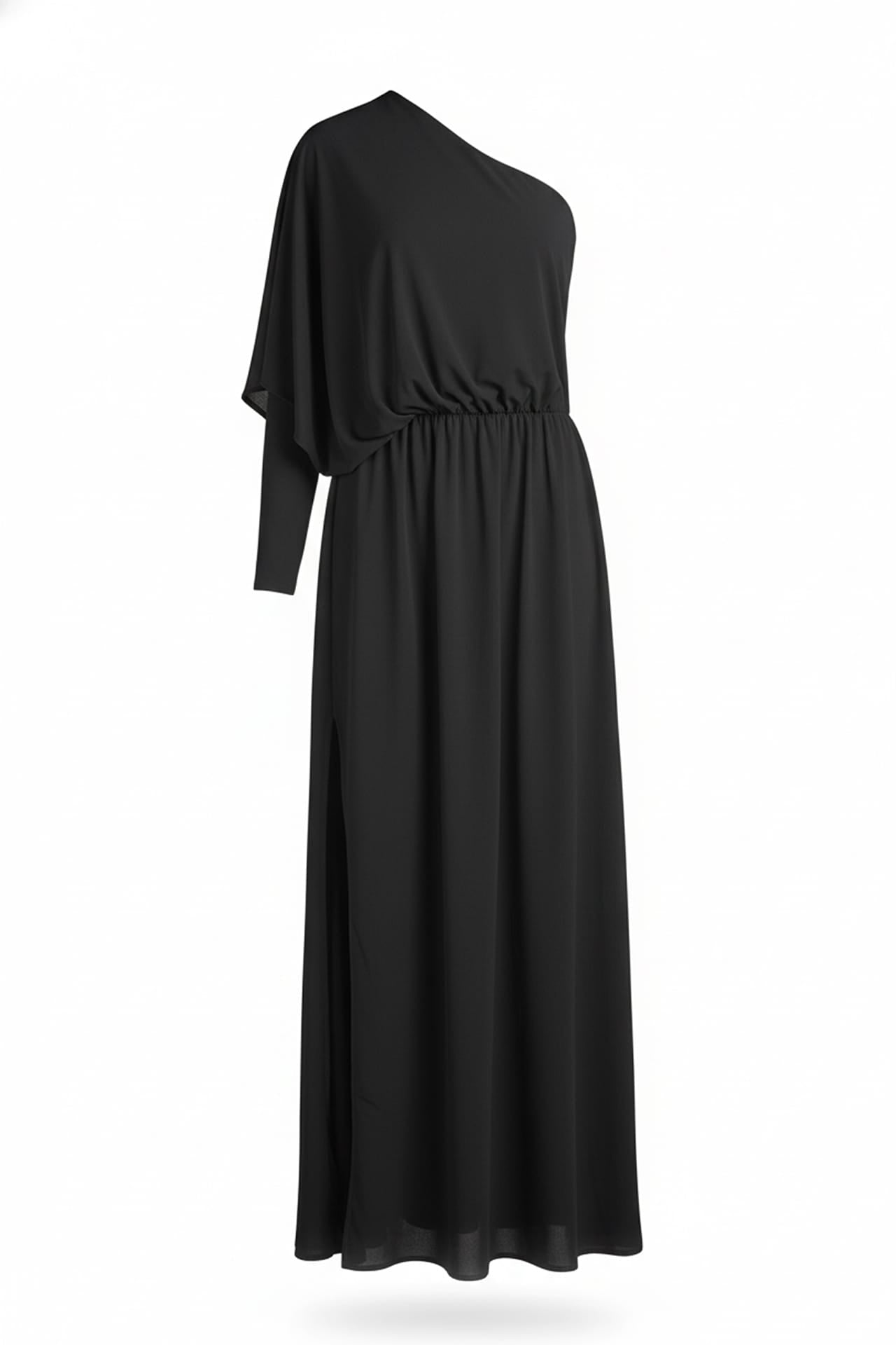Black One Sleeve Maxi Dress- Side split silk evening dress