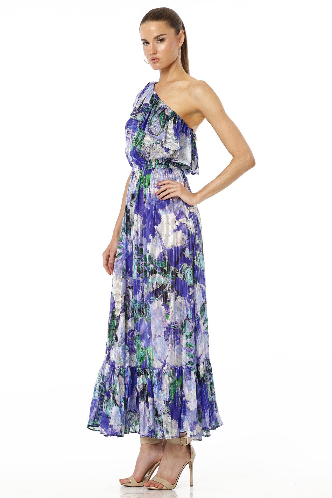 Blue Magic One Shoulder Floral Maxi Dress with Ruffle Neckline