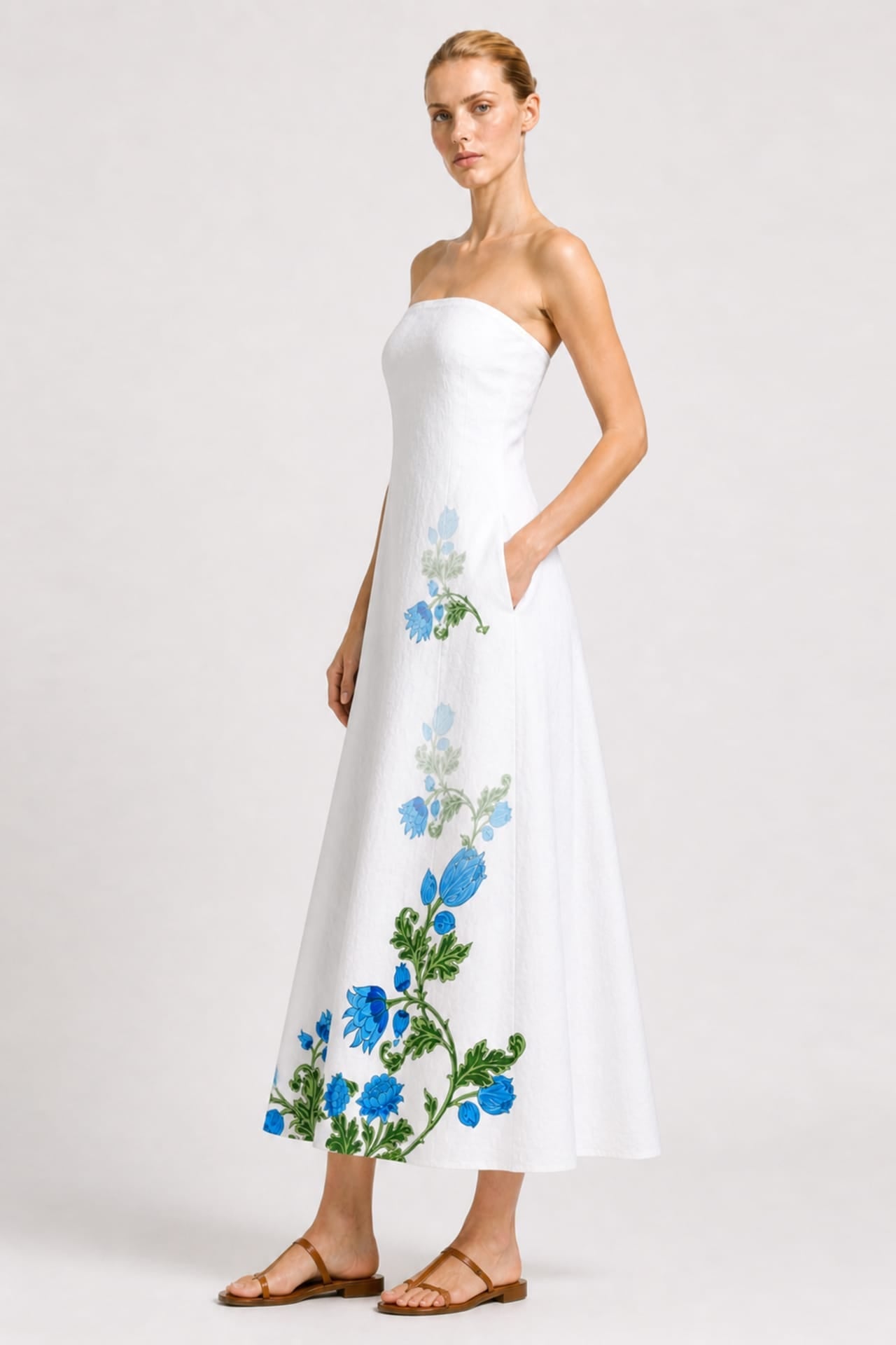 Blue & White Floral Strapless Wedding Guest Dress