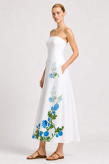 Blue & White Floral Strapless Wedding Guest Dress