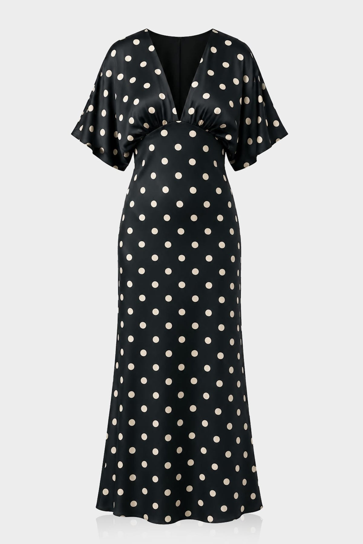 Black and White Polka Dot Deep-V Flutter-Sleeve Satin A-Line Wedding Guest Dress