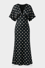 Black and White Polka Dot Deep-V Flutter-Sleeve Satin A-Line Wedding Guest Dress