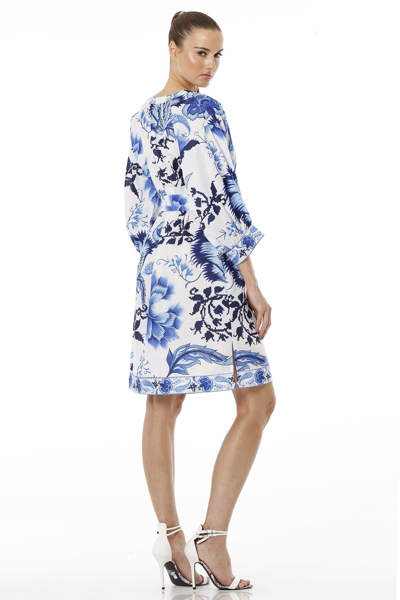 Blue And White Floral Midi Dress With Plunged Neckline