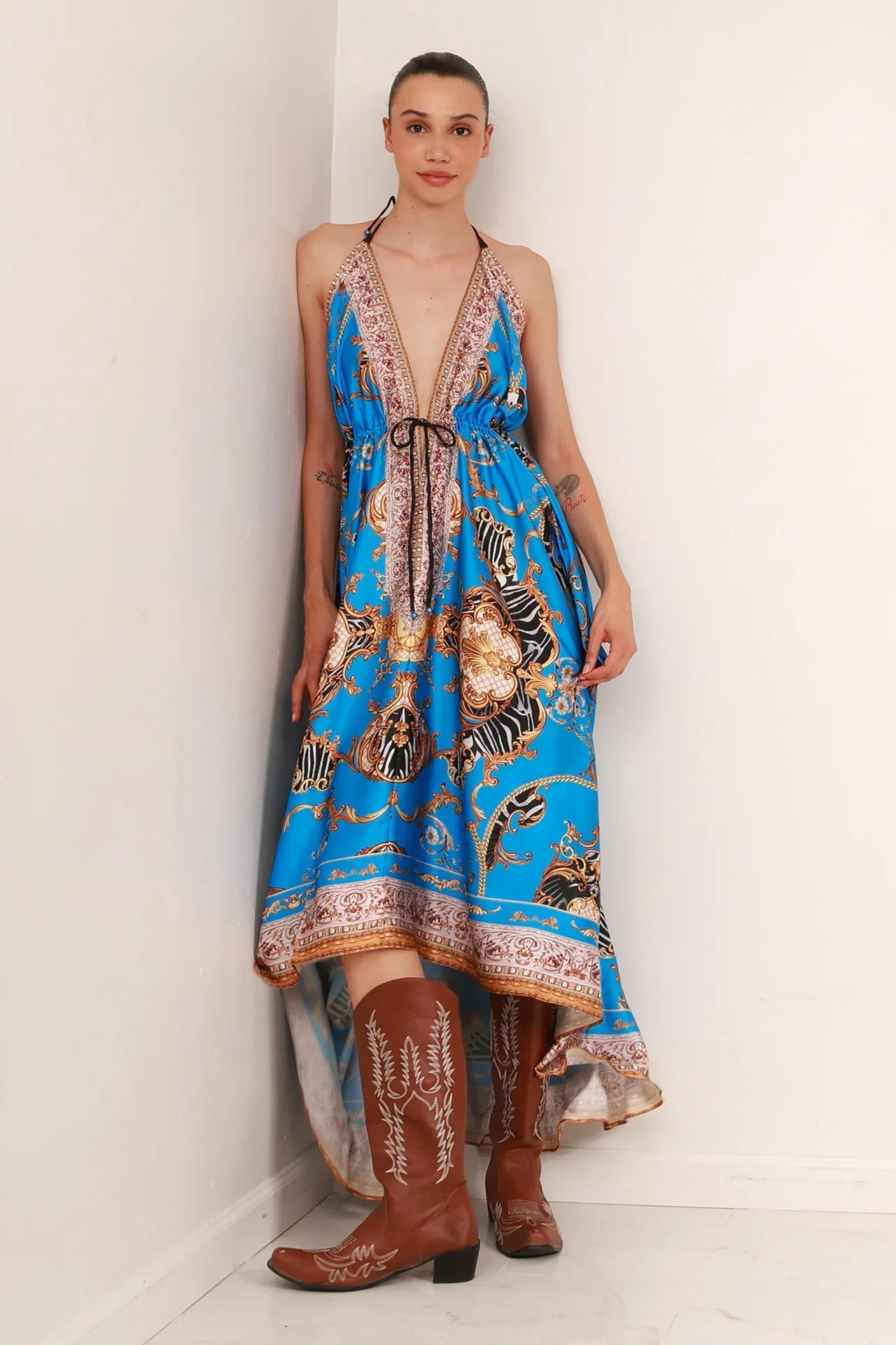 Azure Blue Baroque Scarf Print Halter Maxi Dress
