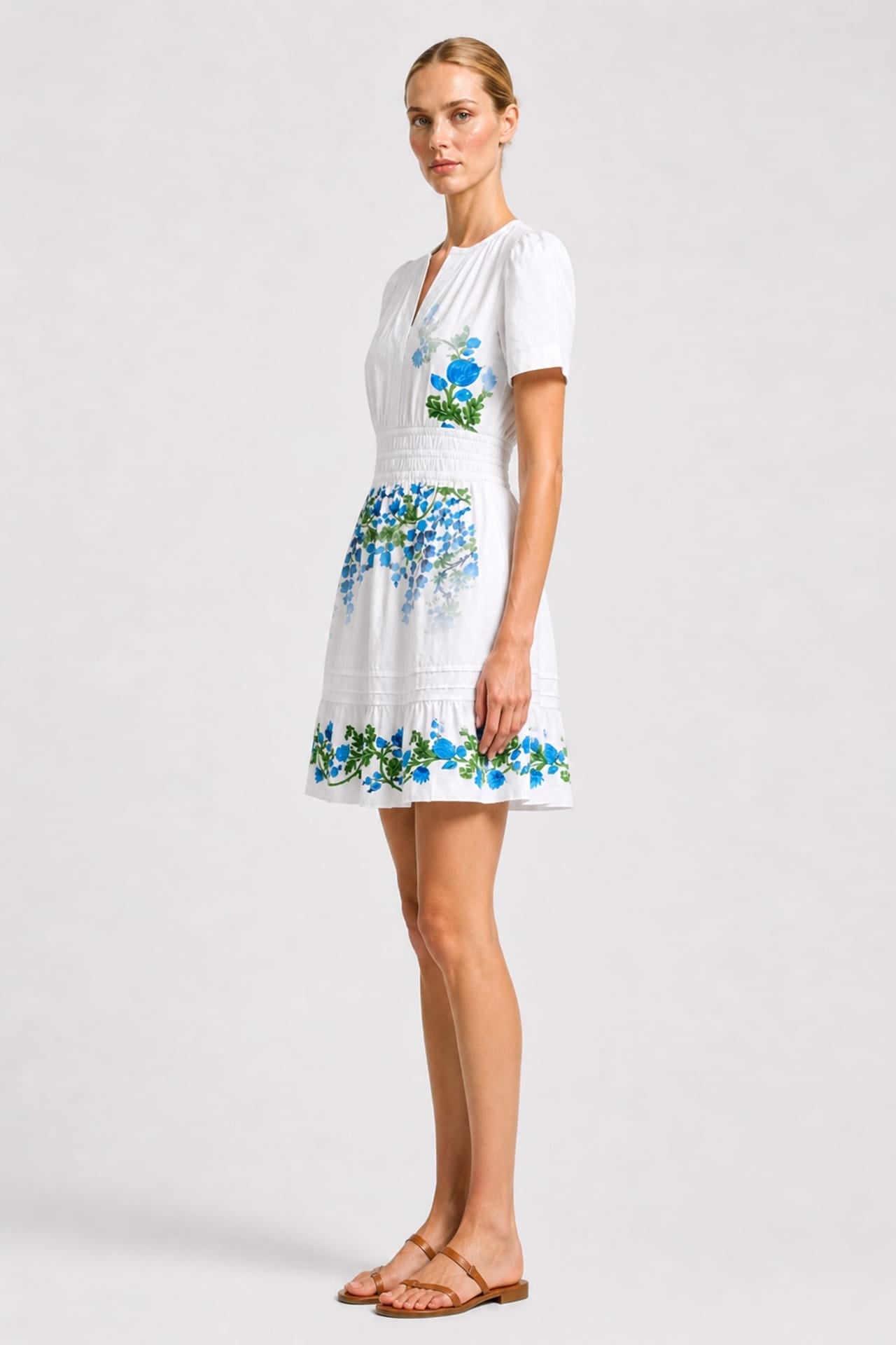 Blue & White Floral Organic Cotton Poplin Mini Dress