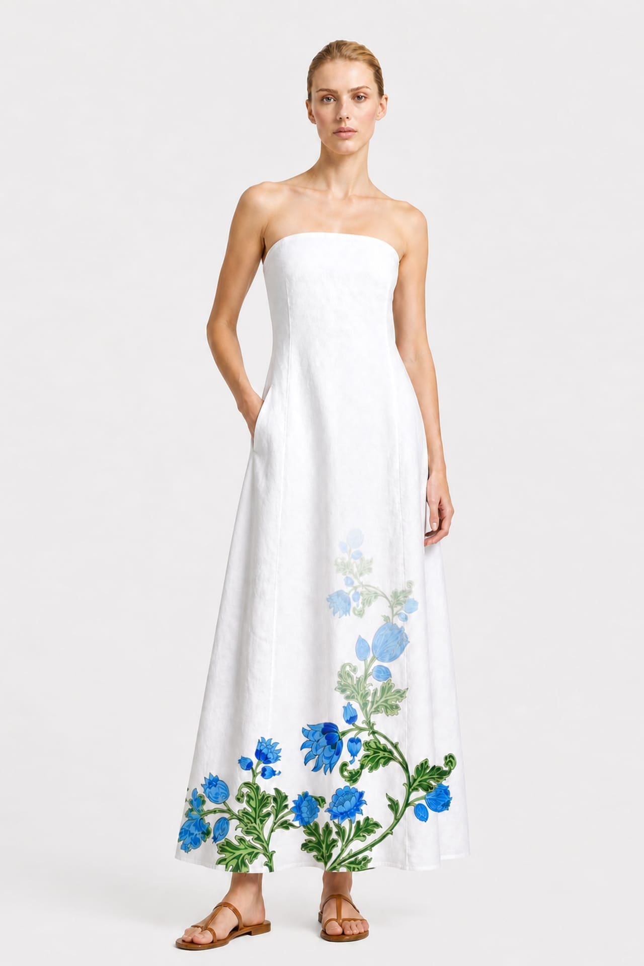 Blue and White Strapless Resort Maxi Dress with Pockets