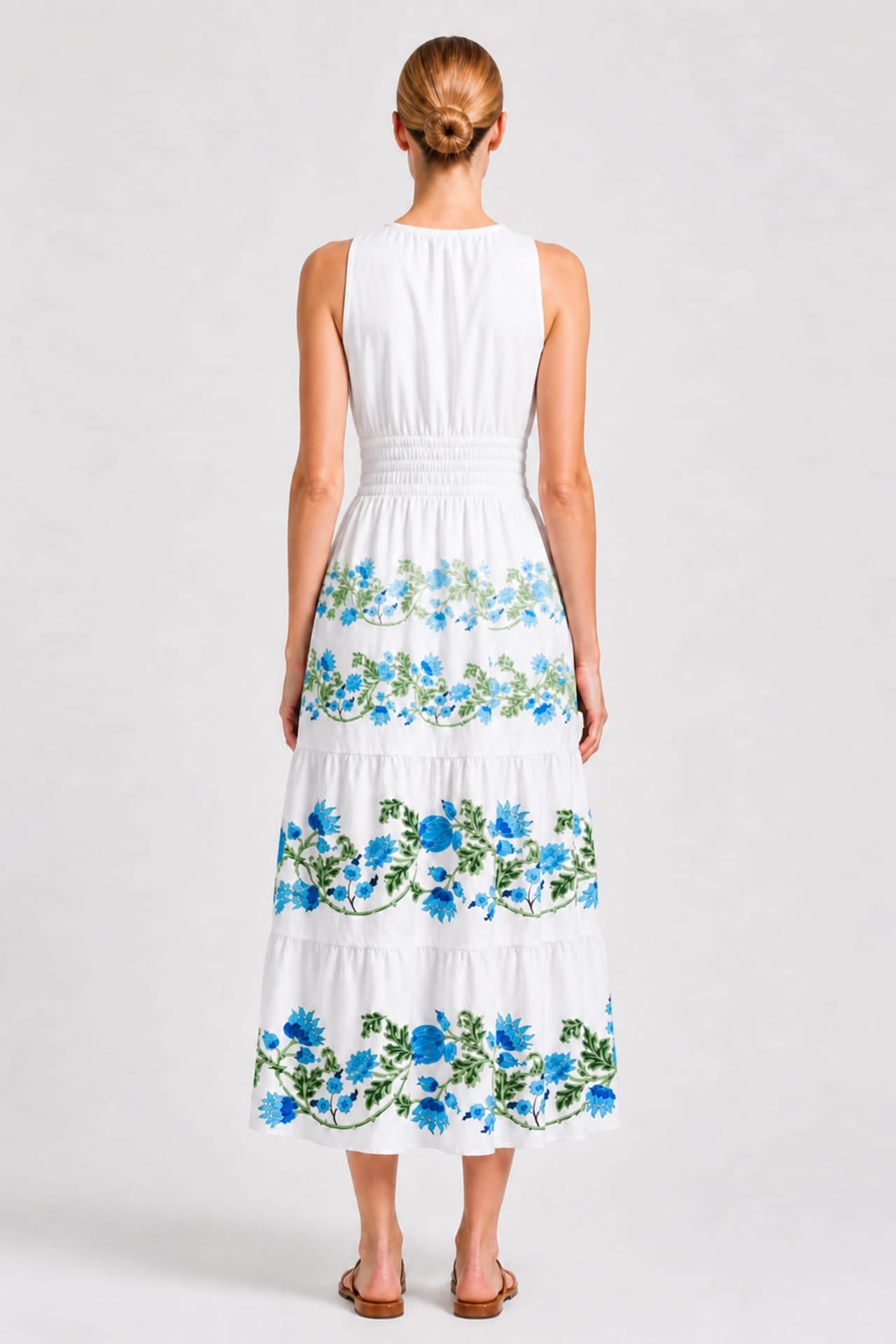 Blue & White Sleeveless Floral Cotton Poplin Midi Dress