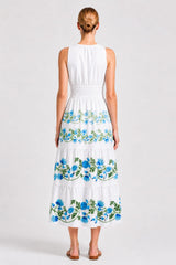 Blue & White Sleeveless Floral Cotton Poplin Midi Dress