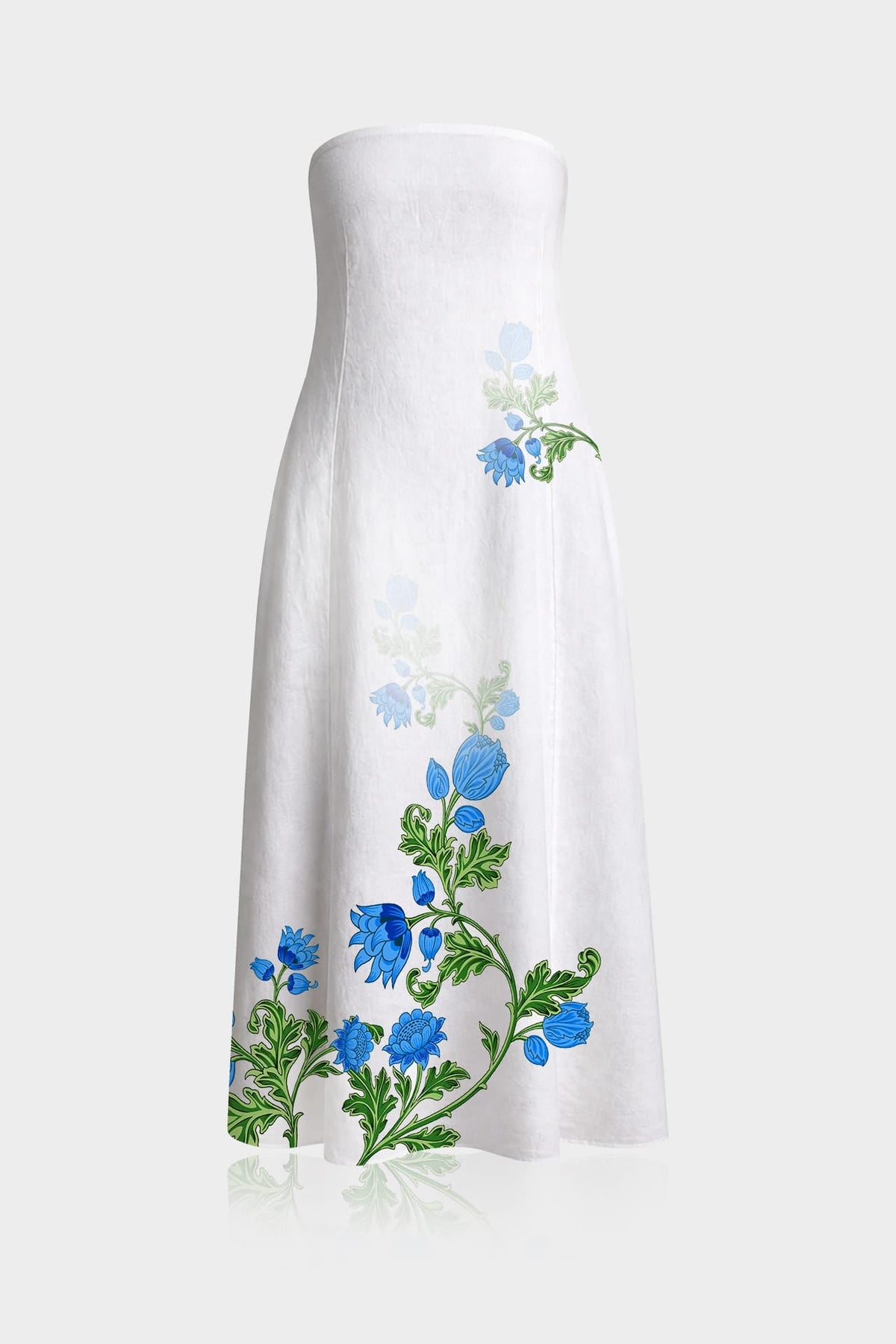 Blue & White Floral Strapless Wedding Guest Dress