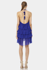 Blue Mini Ruffle Dress With Cross Neckline