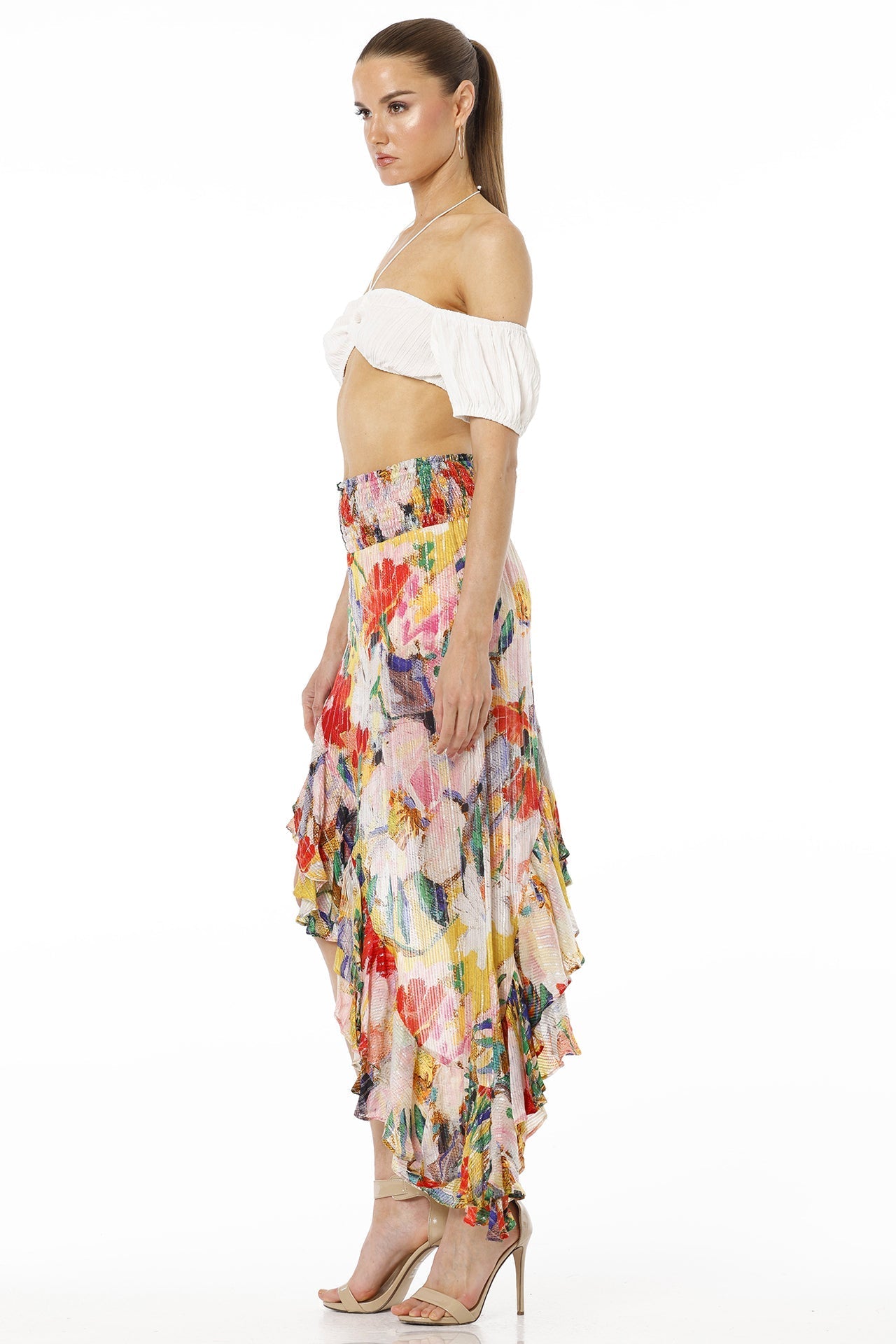 Amore Floral Print High Low Multicolor Skirt