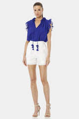 Aphrodite Blue Ruffle Tie Up Neck Sleeveless Top