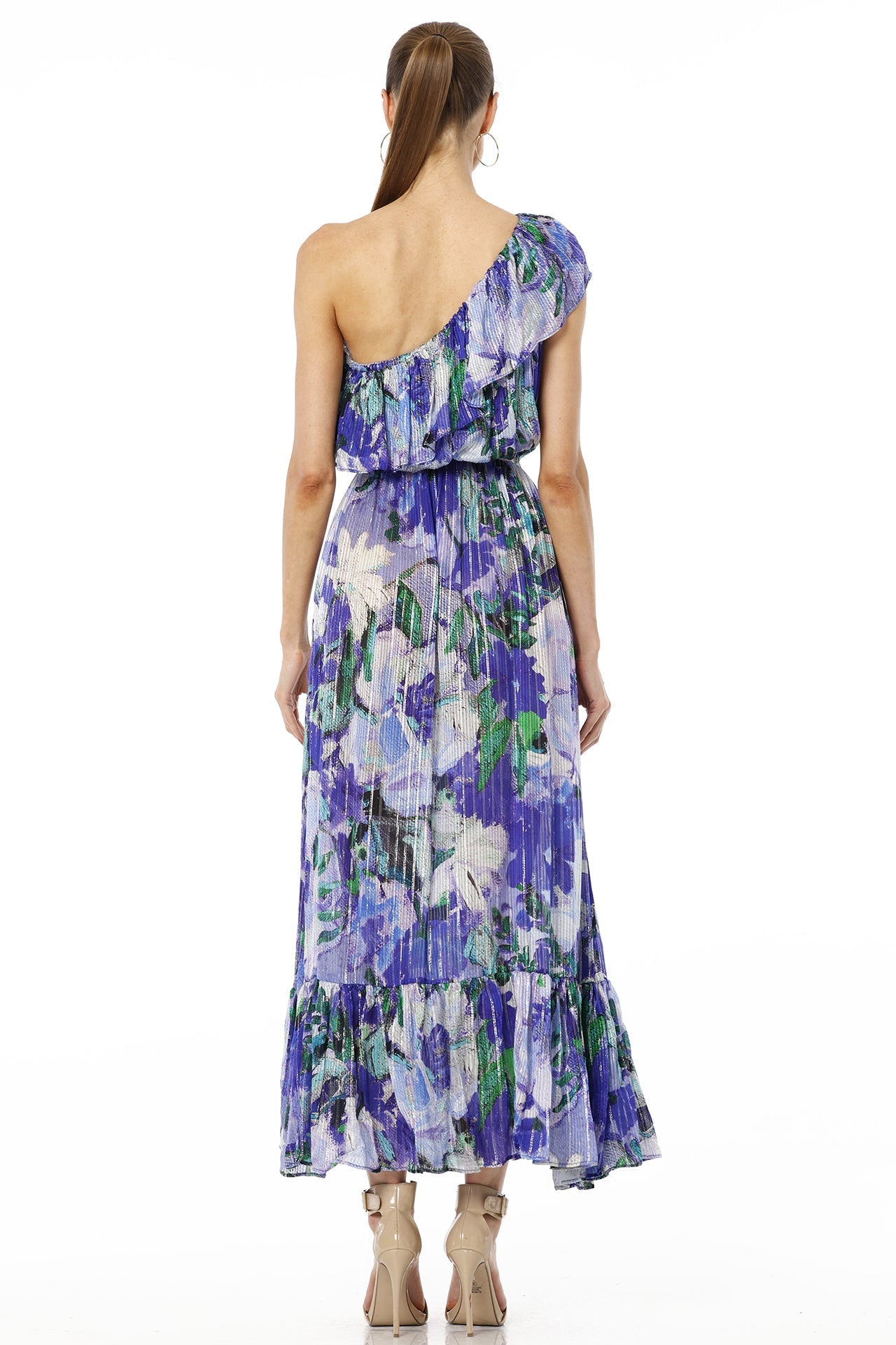 Blue Magic One Shoulder Floral Maxi Dress with Ruffle Neckline