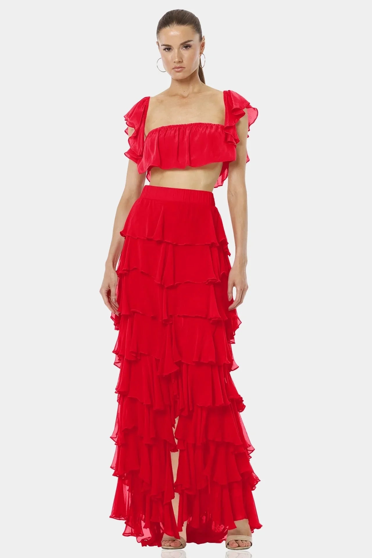 Almyra Flaming Red Ruffle Maxi Skirt With high Split