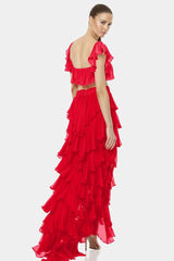 Almyra Flaming Red Ruffle Maxi Skirt With high Split