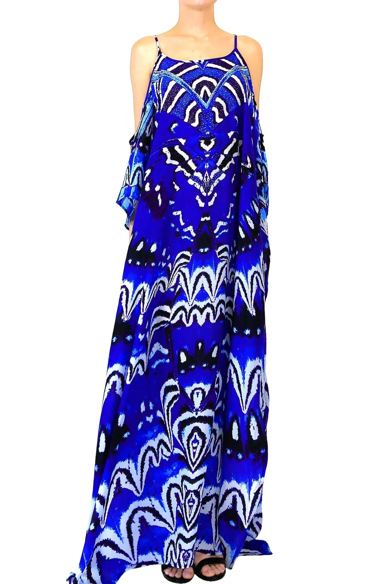 Annabella Butterfly-Print Handkerchief-Hem Kaftan