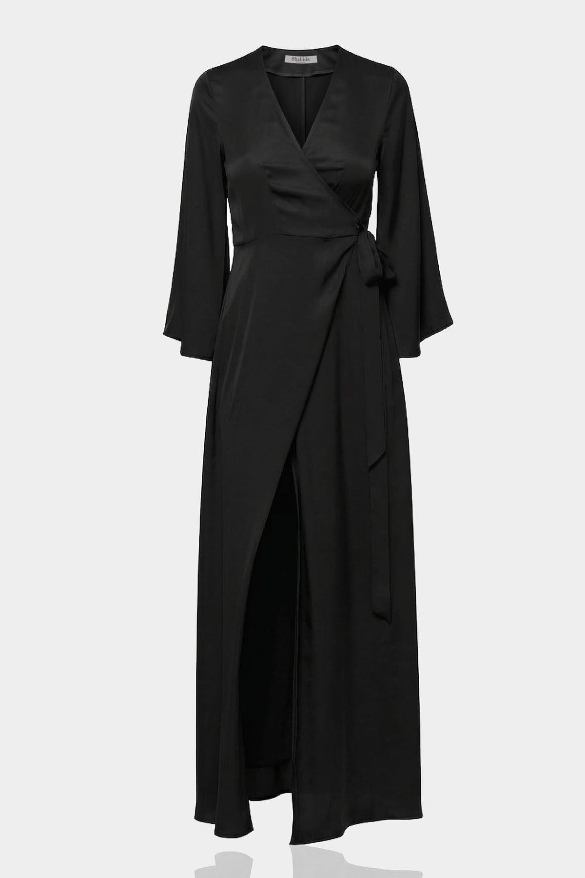 Black Satin Wrap Bridesmaid Dress – Elegant Maxi Bridal Party Dress by Shahida