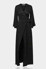 Black Satin Wrap Bridesmaid Dress – Elegant Maxi Bridal Party Dress by Shahida