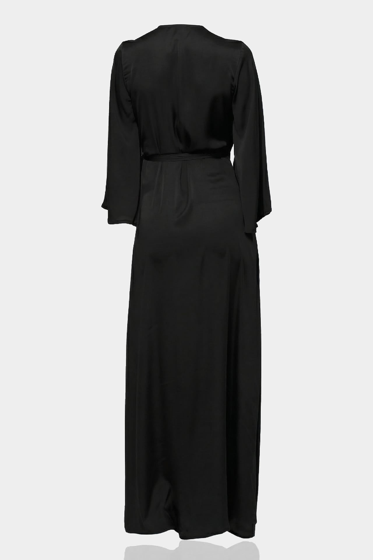 Black Satin Wrap Bridesmaid Dress – Elegant Maxi Bridal Party Dress by Shahida