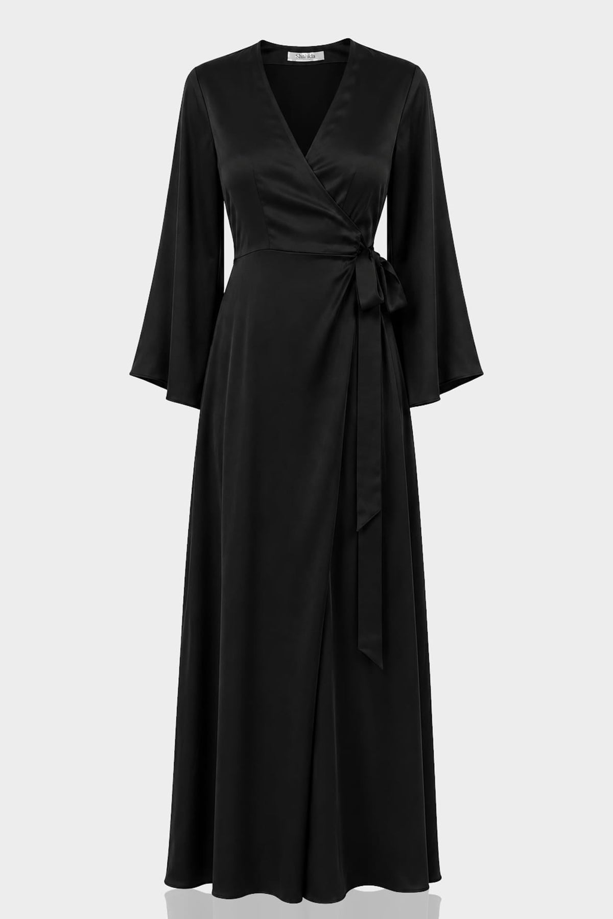 Black Satin Wrap Maxi Dress with High Slit & Balloon Sleeves