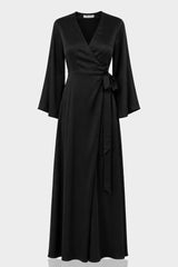 Black Satin Wrap Maxi Dress with High Slit & Balloon Sleeves