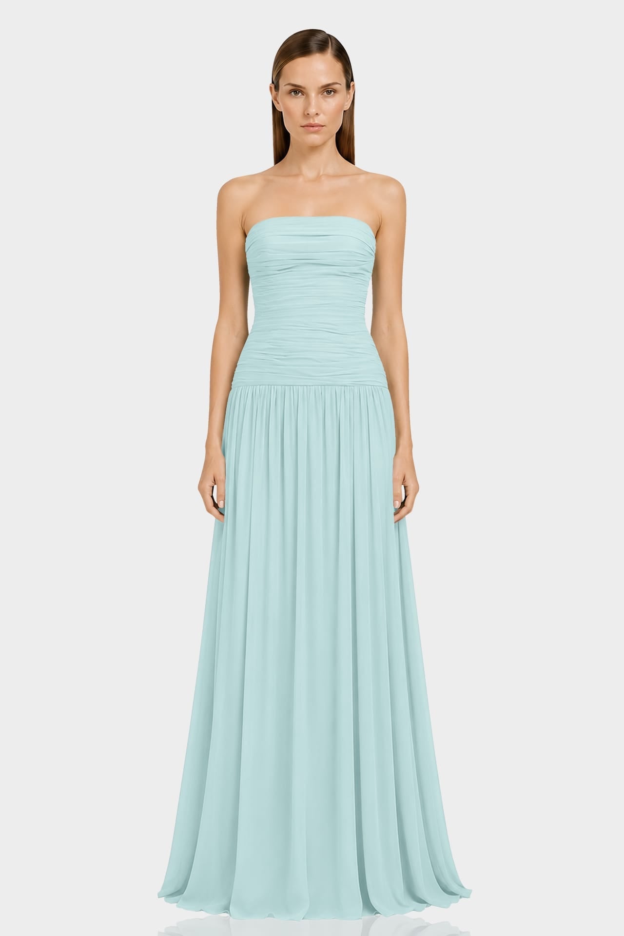 Aqua Green Strapless Ruched Chiffon Maxi Dress