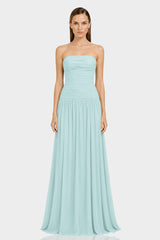 Aqua Green Strapless Ruched Chiffon Maxi Dress