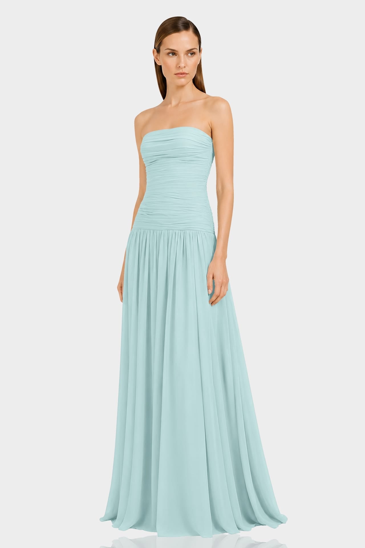 Aqua Green Strapless Ruched Chiffon Maxi Dress