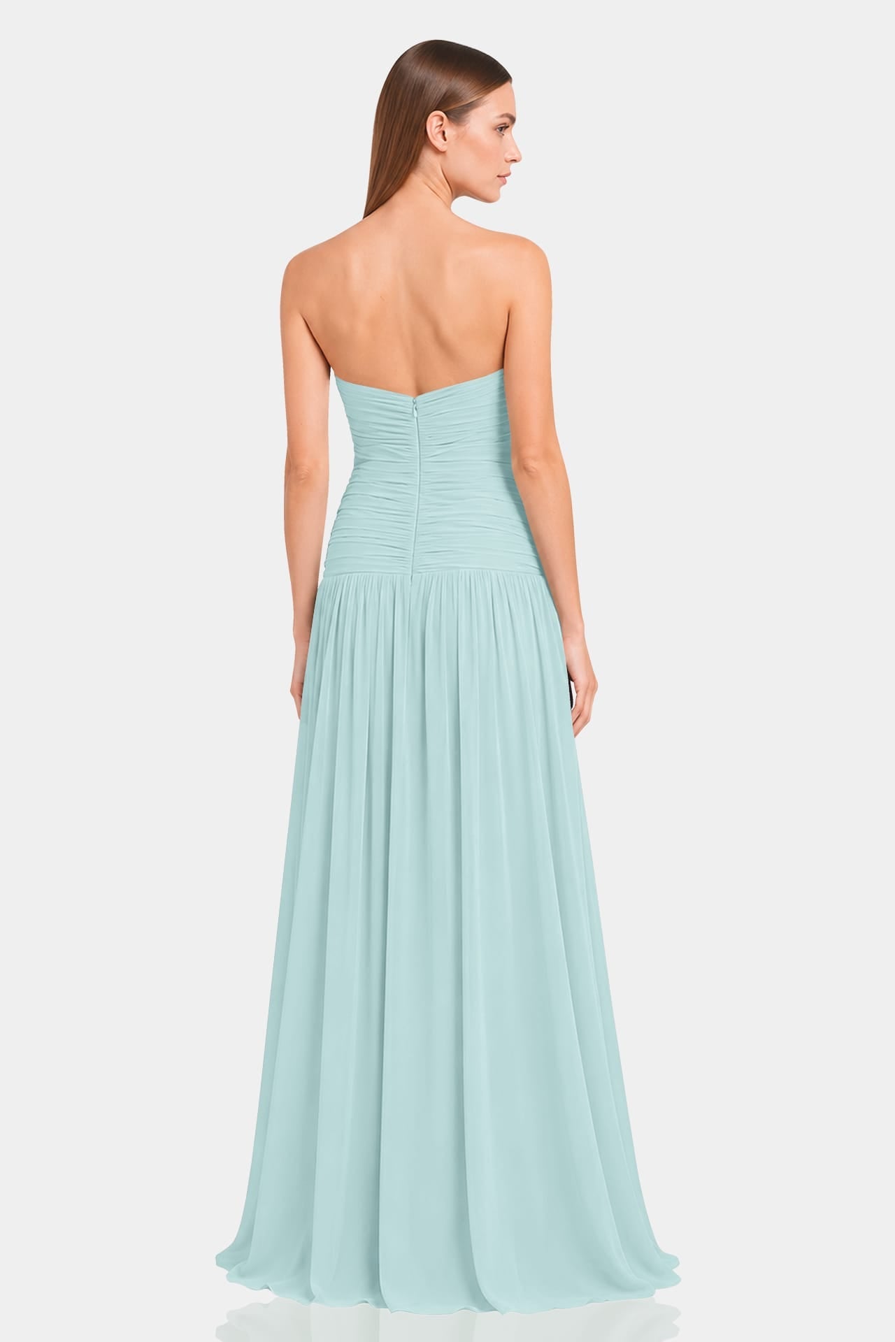 Aqua Green Strapless Ruched Chiffon Maxi Dress