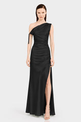 Black Ruched One Shoulder Stretch Satin Evening Gown