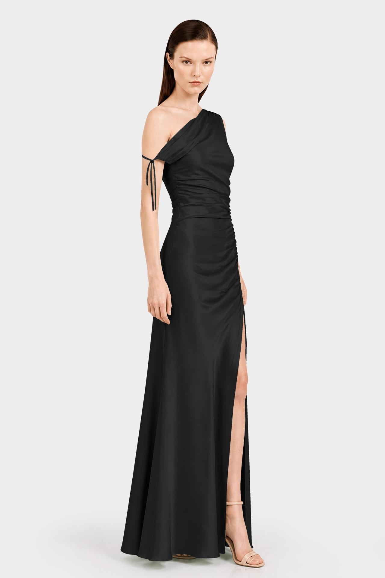 Black Ruched One Shoulder Stretch Satin Evening Gown