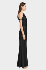 Black Ruched One Shoulder Stretch Satin Evening Gown