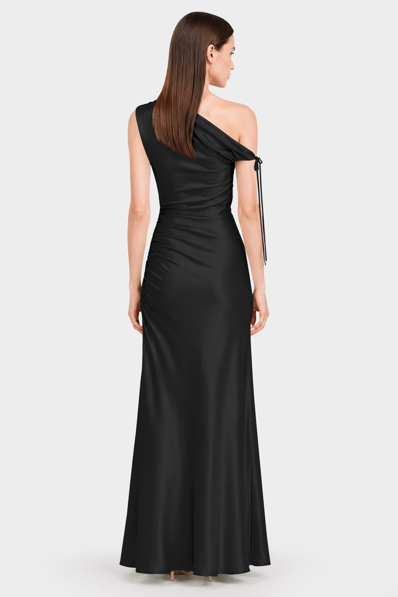 Black Ruched One Shoulder Stretch Satin Evening Gown