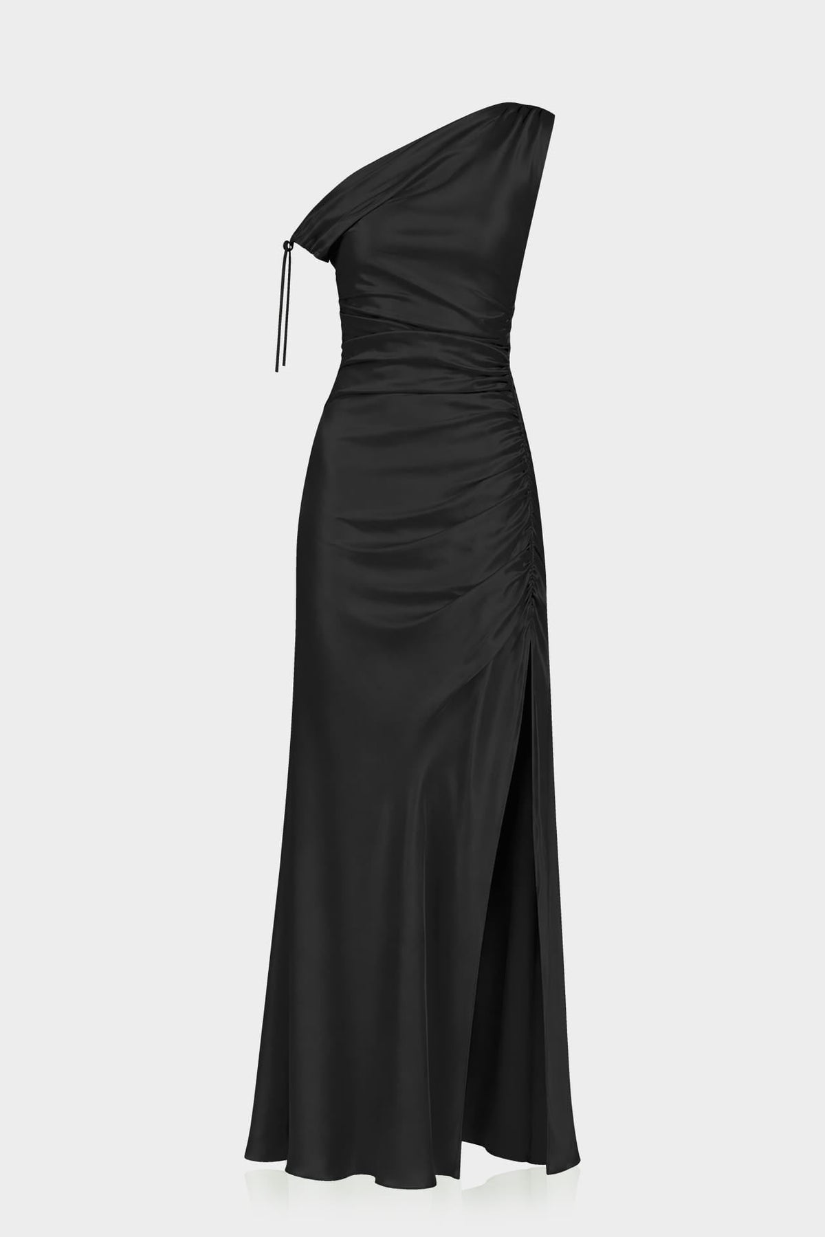 Black Ruched One Shoulder Stretch Satin Evening Gown