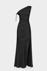 Black Ruched One Shoulder Stretch Satin Evening Gown