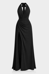 Black Chiffon V-Neck Wedding Guest Maxi Dress with Side Slit