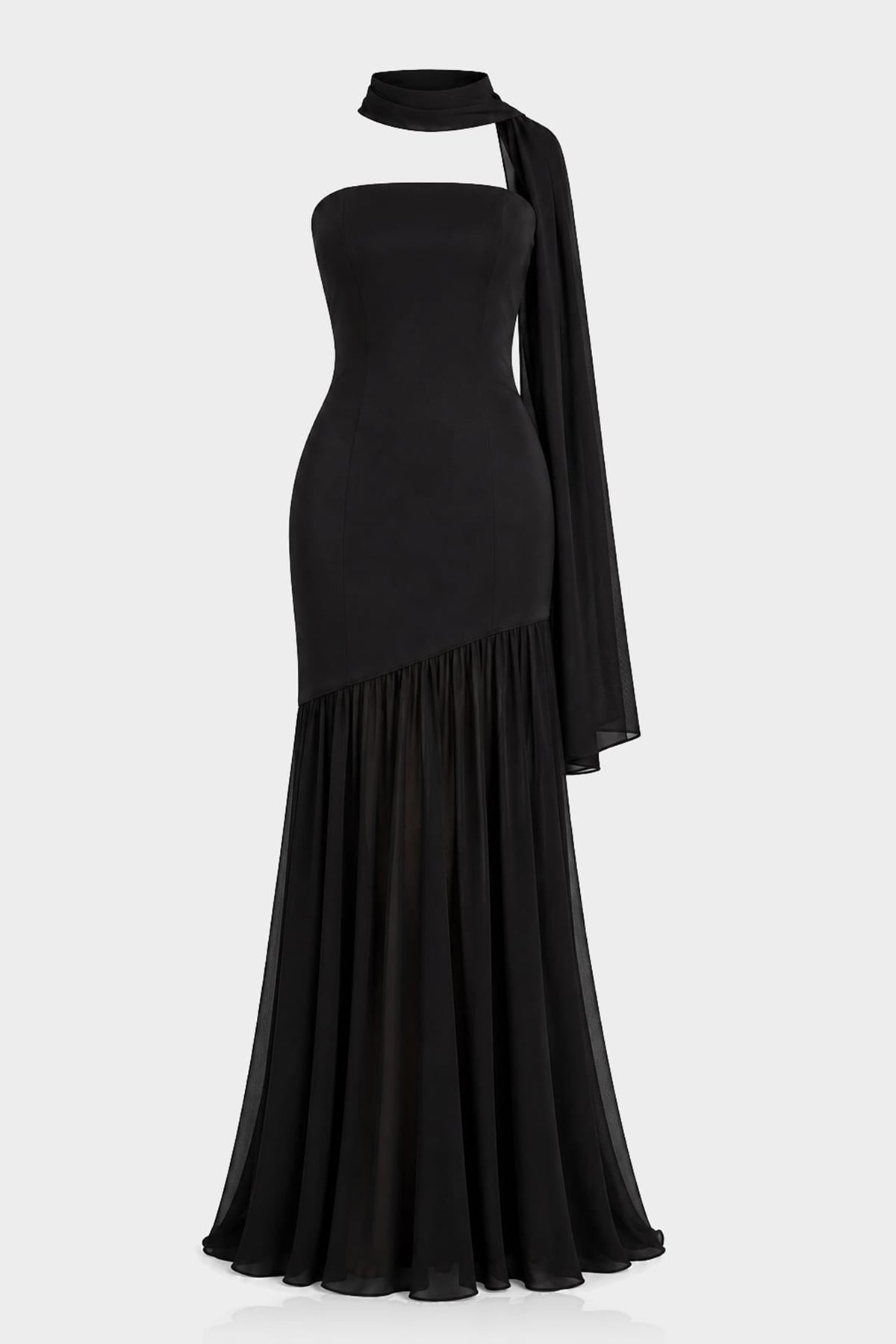 Black Strapless Satin Maxi Dress with Neck Scarf