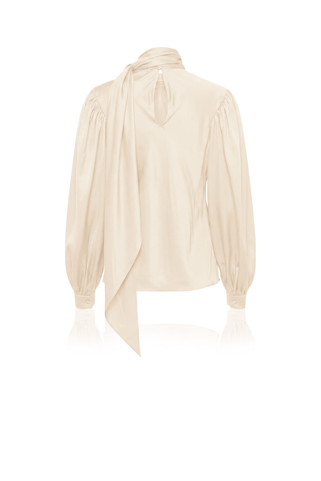 Beige Silk Satin-Twill Tie-Neck Blouse