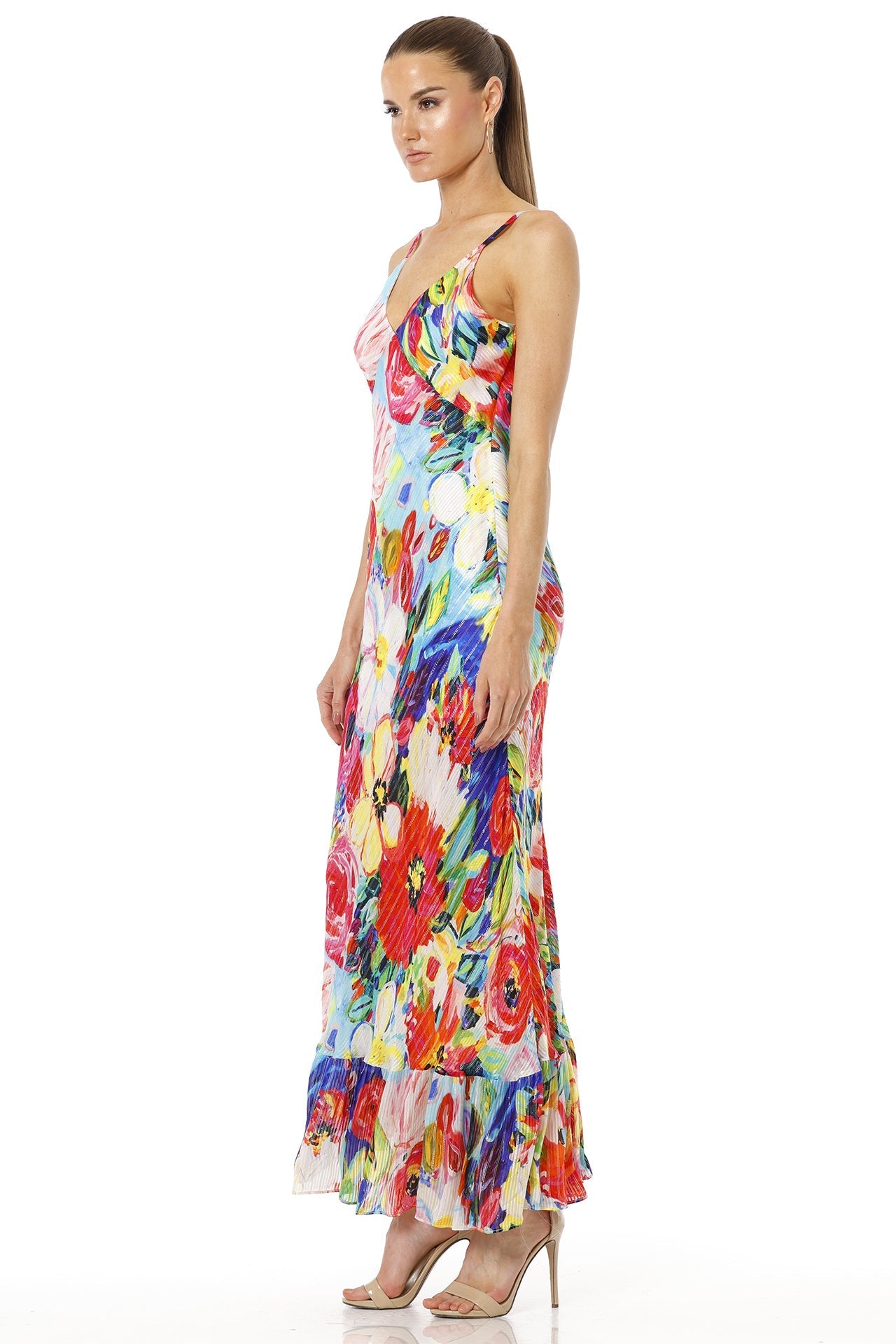 Bernadette Long Sleeveless Floral Print Multicolor Bias Gown