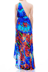 Blue Animal Print Silk Scarf Maxi Dress