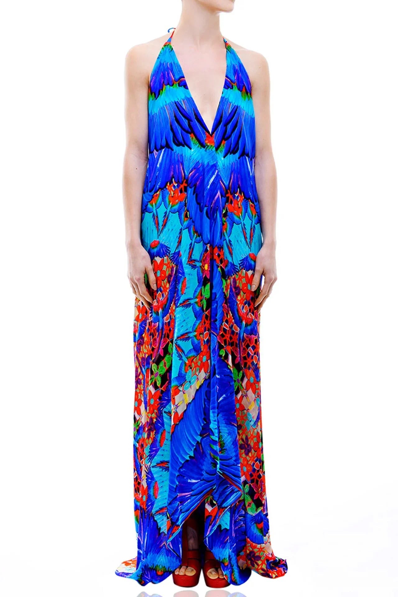 Blue Animal Print Silk Scarf Maxi Dress