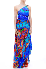 Blue Animal Print Silk Scarf Maxi Dress