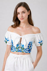 Blue Botanical Tie Front Bardot Crop Top with Puff Sleeves