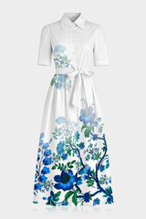 Blue Floral Cotton Poplin Midi Shirt Dress
